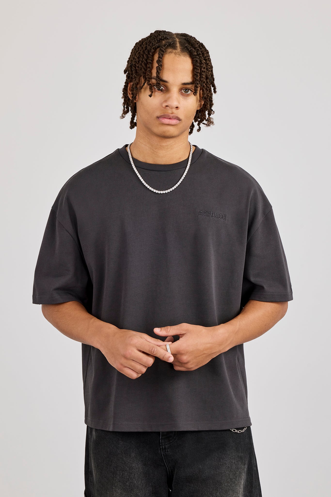 Boxy Rhinestone Logo T-Shirt - Charcoal